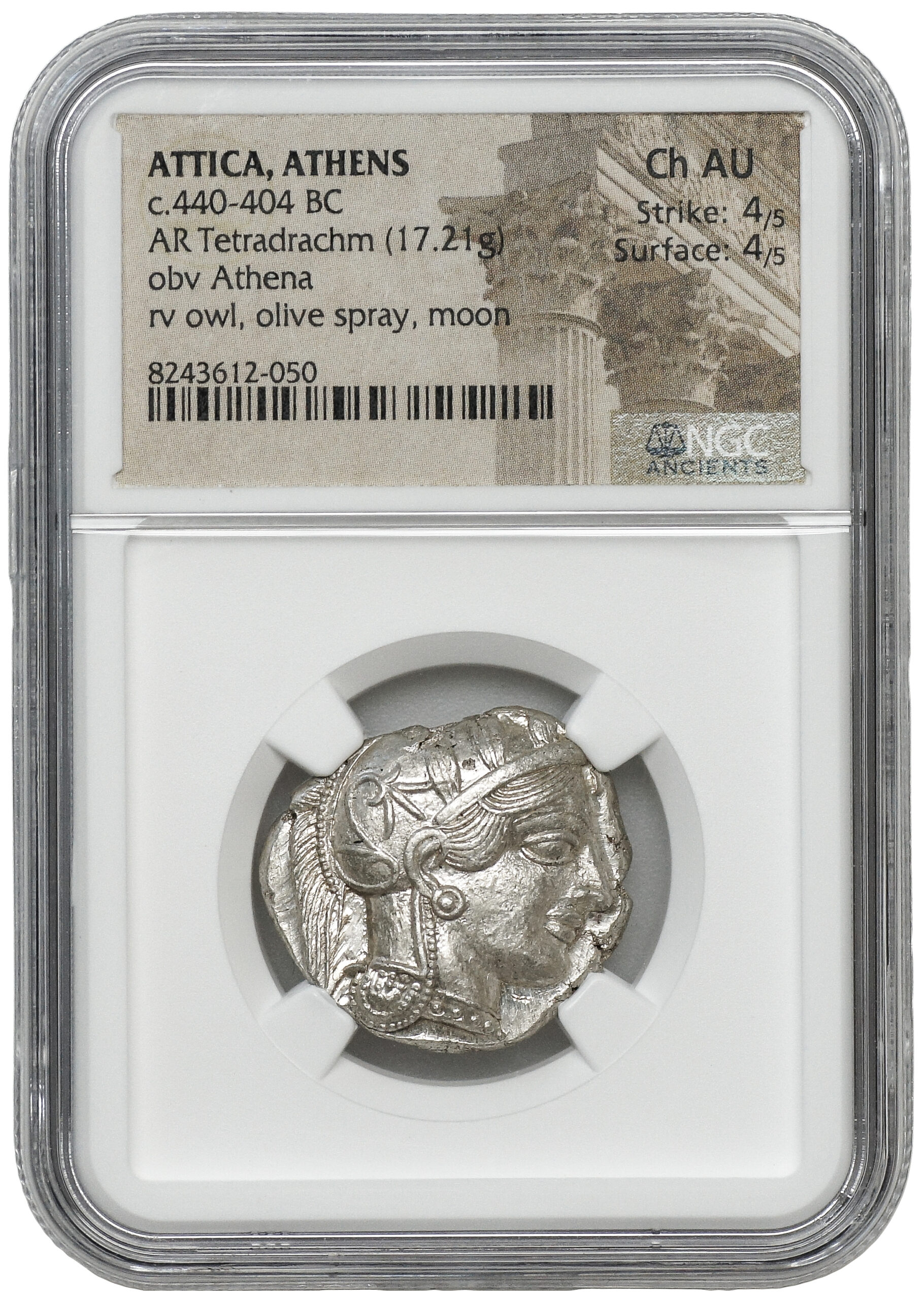 Grecja Attyka Ateny - Tetradrachma "Ateńska Sówka" 440–404 p.n.e. NGC Ch AU - Strike 4/5 | Surface 4/5 - obrazek 4