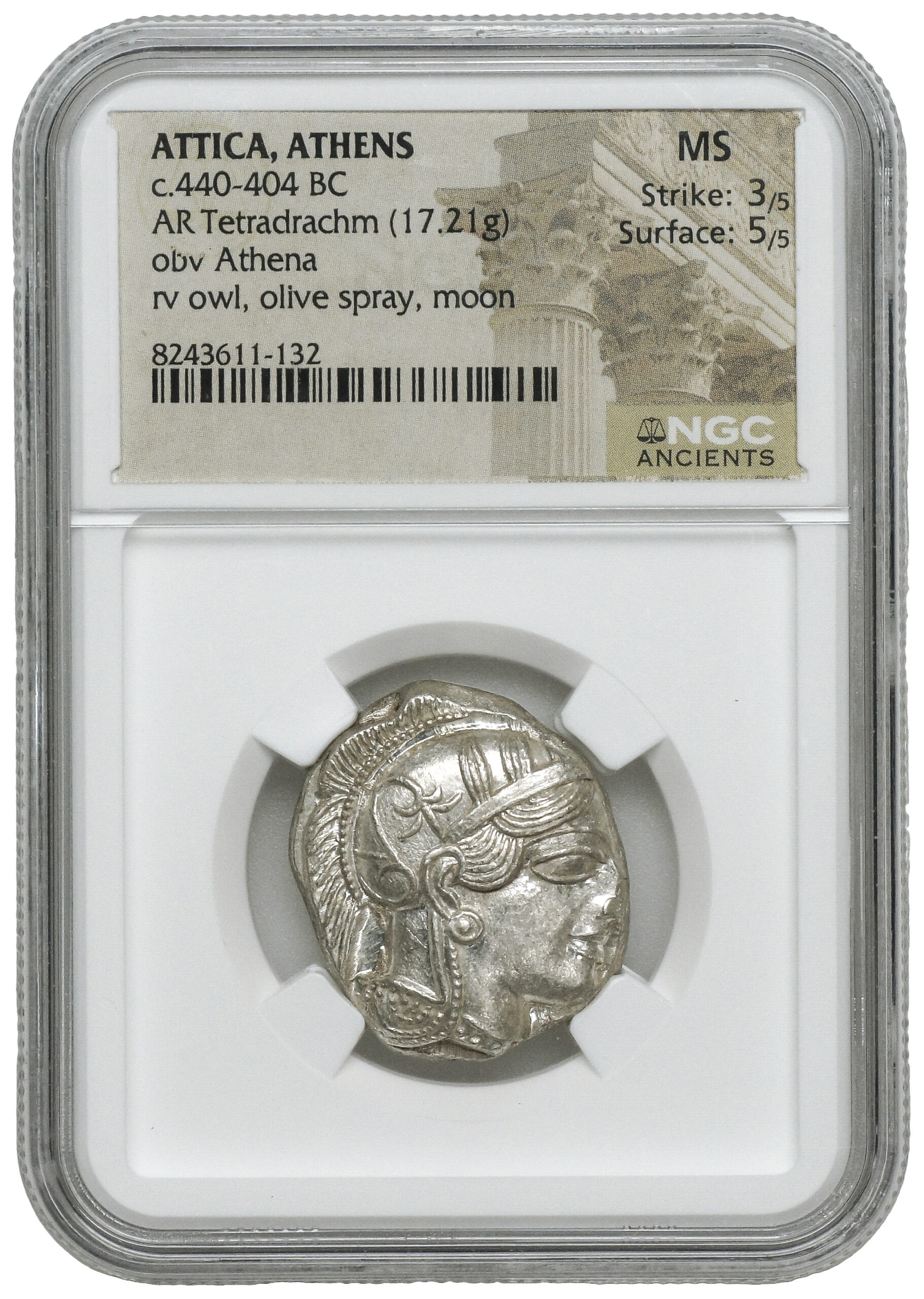Grecja Attyka Ateny – Tetradrachma „Ateńska Sówka” 440–404 p.n.e. NGC Ch AU – Strike 3/5 | Surface 4/5 - obrazek 3